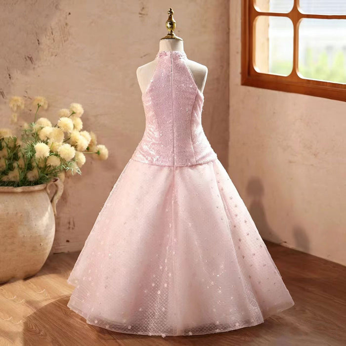 Elegant Pink Flower Girl Dress with Floral Embroidery and Sparkly Tulle Skirt D338