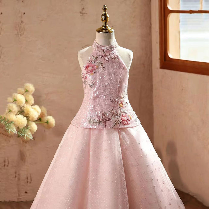 Elegant Pink Flower Girl Dress with Floral Embroidery and Sparkly Tulle Skirt D338