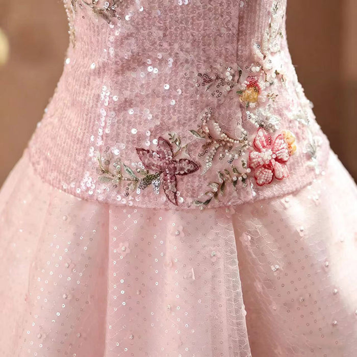 Elegant Pink Flower Girl Dress with Floral Embroidery and Sparkly Tulle Skirt D338