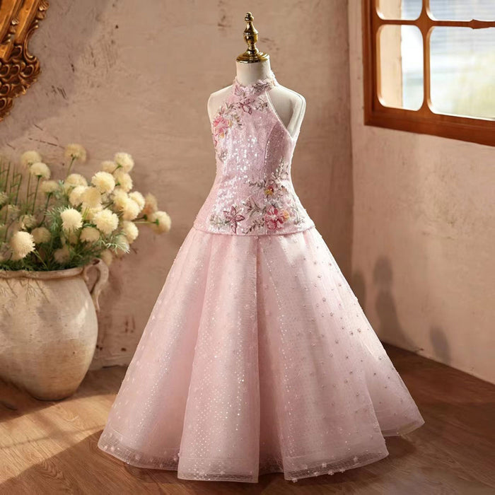Elegant Pink Flower Girl Dress with Floral Embroidery and Sparkly Tulle Skirt D338