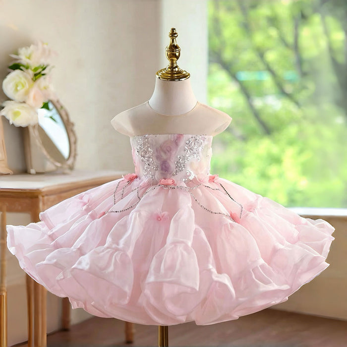 Elegant Pink Flower Girl Dress with Silver Chain Sequins Girls Layered Ruffle Tulle Birthday Party Dress D283