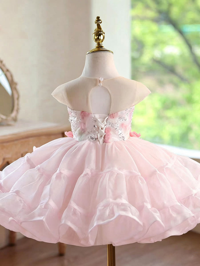 Elegant Pink Flower Girl Dress with Silver Chain Sequins Girls Layered Ruffle Tulle Birthday Party Dress D283