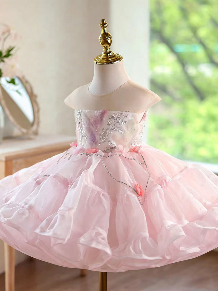 Elegant Pink Flower Girl Dress with Silver Chain Sequins Girls Layered Ruffle Tulle Birthday Party Dress D283