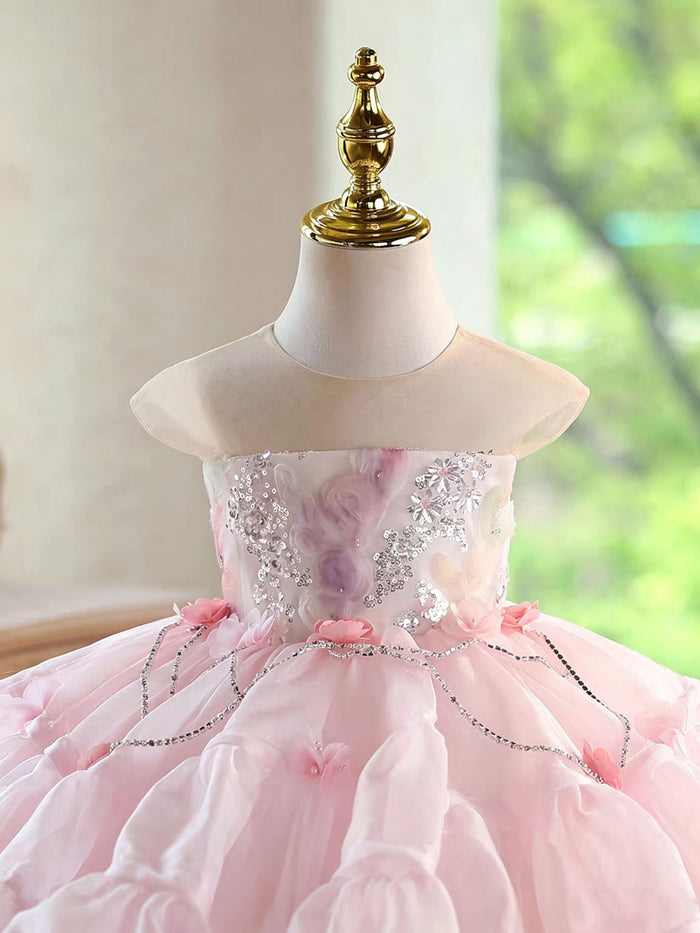 Elegant Pink Flower Girl Dress with Silver Chain Sequins Girls Layered Ruffle Tulle Birthday Party Dress D283