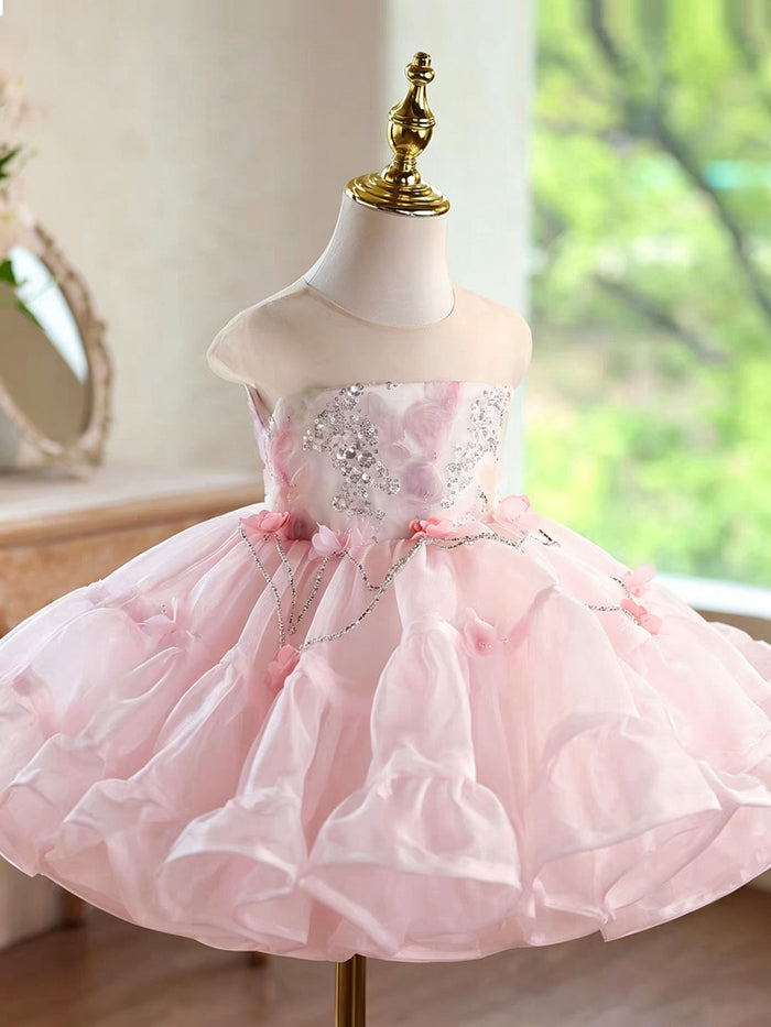 Elegant Pink Flower Girl Dress with Silver Chain Sequins Girls Layered Ruffle Tulle Birthday Party Dress D283