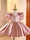 Elegant Pink Satin Flower Girl Dress for Girls Puffy Princess Party Dress J895