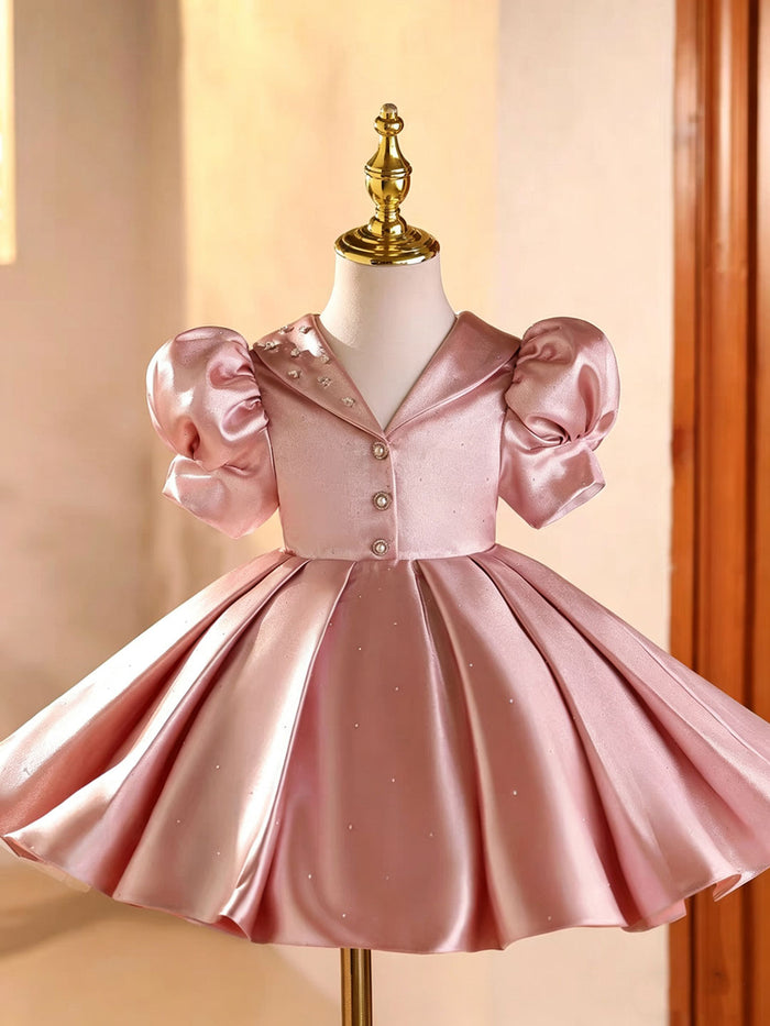 Elegant Pink Satin Flower Girl Dress for Girls Puffy Princess Party Dress J895