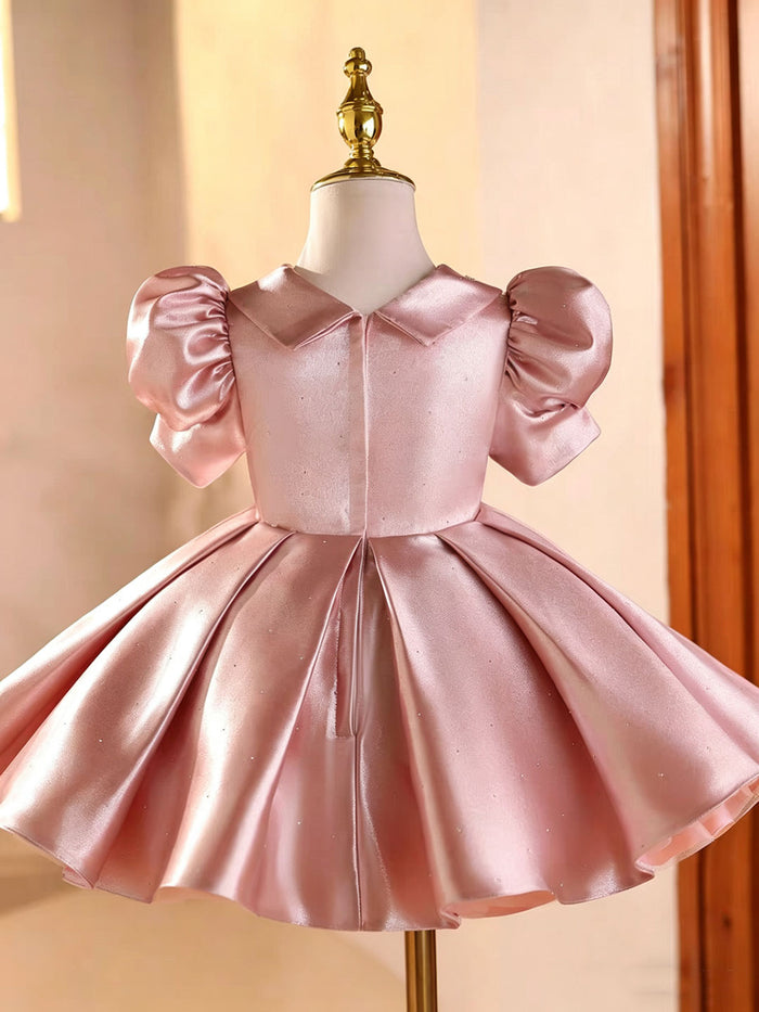 Elegant Pink Satin Flower Girl Dress for Girls Puffy Princess Party Dress J895