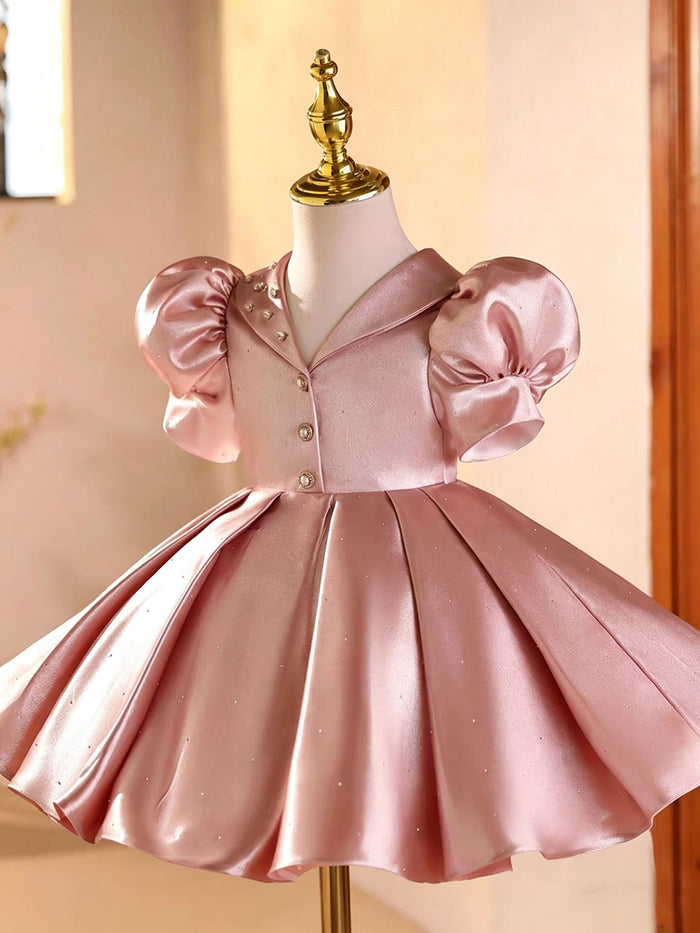 Elegant Pink Satin Flower Girl Dress for Girls Puffy Princess Party Dress J895