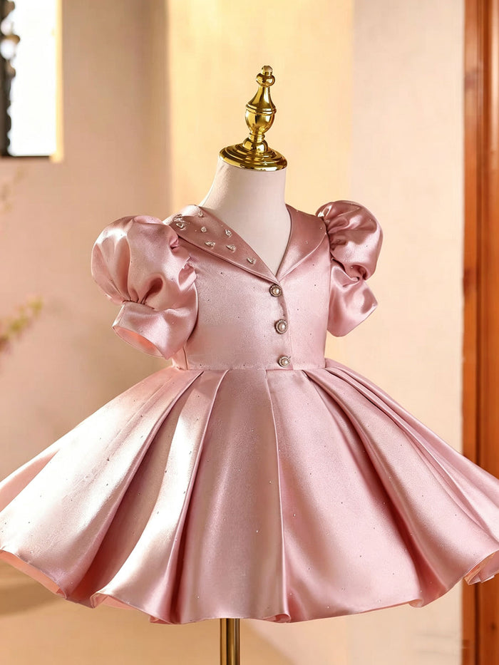 Elegant Pink Satin Flower Girl Dress for Girls Puffy Princess Party Dress J895
