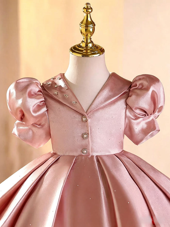 Elegant Pink Satin Flower Girl Dress for Girls Puffy Princess Party Dress J895