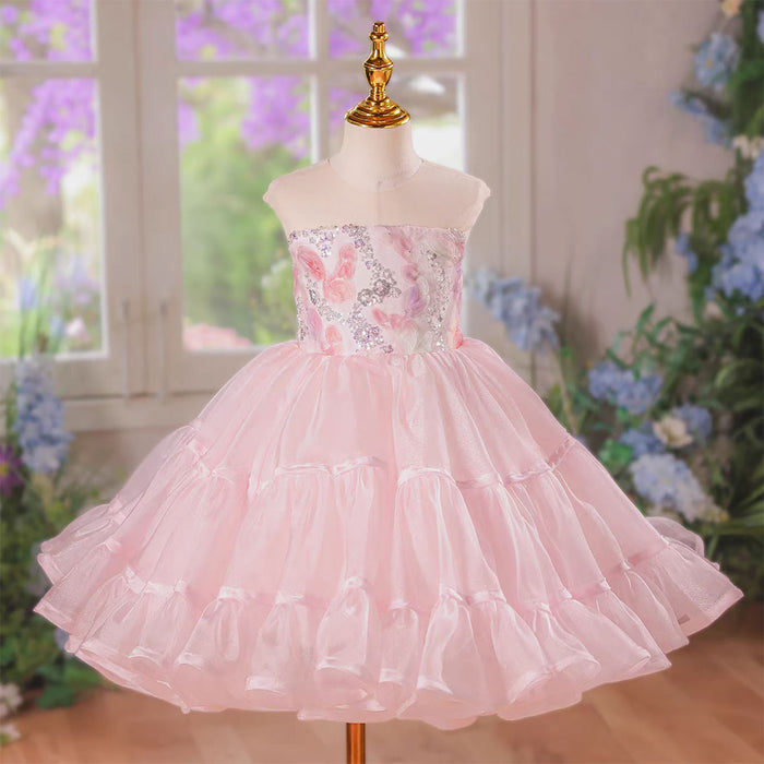 Elegant Pink Sequin Floral Flower Girl Dress Girls Tiered Tulle Birthday Party Dress D279