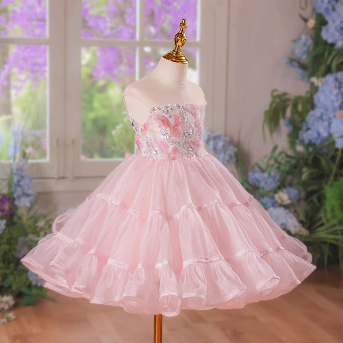 Elegant Pink Sequin Floral Flower Girl Dress Girls Tiered Tulle Birthday Party Dress D279