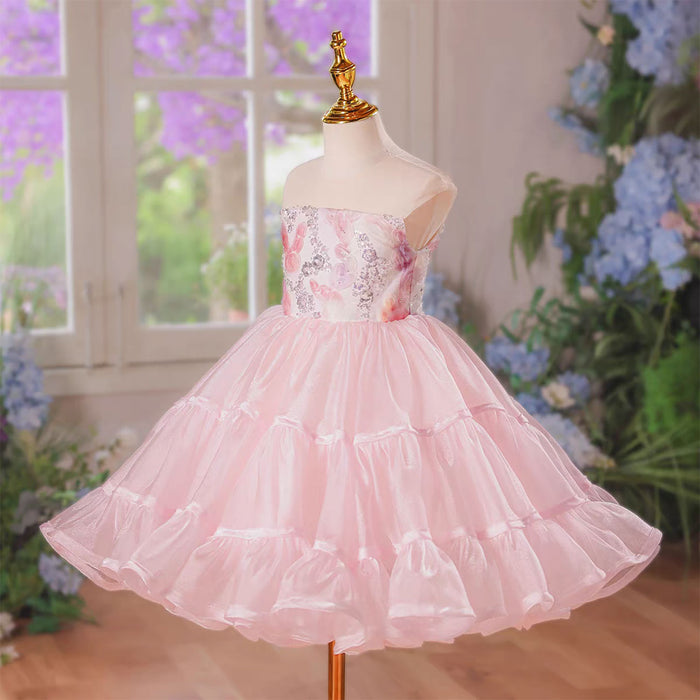 Elegant Pink Sequin Floral Flower Girl Dress Girls Tiered Tulle Birthday Party Dress D279