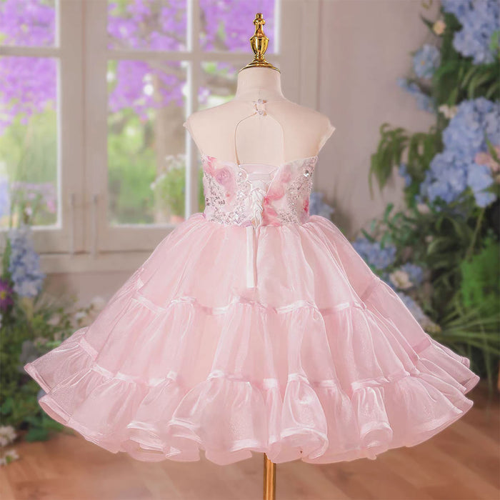 Elegant Pink Sequin Floral Flower Girl Dress Girls Tiered Tulle Birthday Party Dress D279