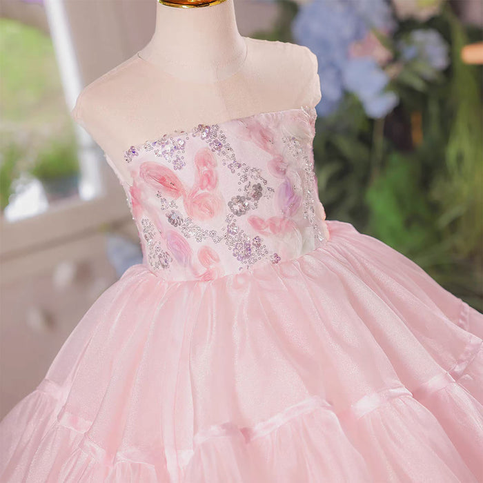 Elegant Pink Sequin Floral Flower Girl Dress Girls Tiered Tulle Birthday Party Dress D279