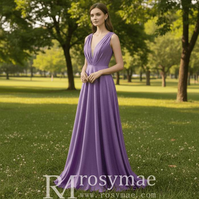Elegant Purple V-Neck Bridesmaid Dresses with V Back for Wedding - Rosymae