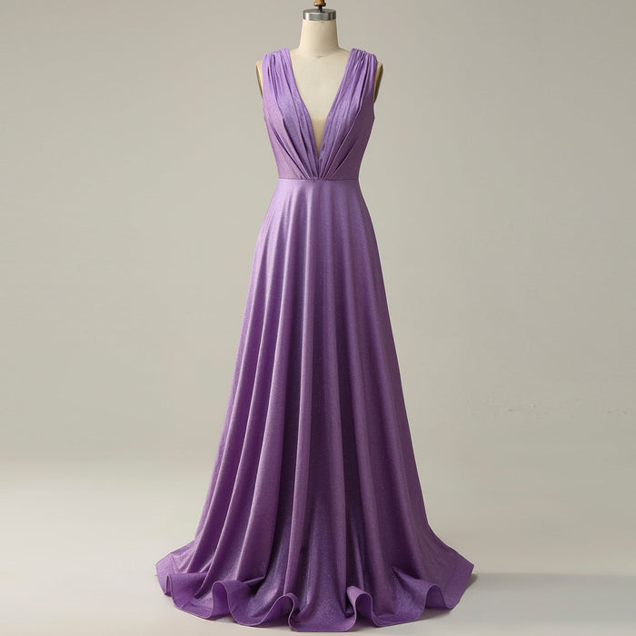 Elegant Purple V-Neck Bridesmaid Dresses with V Back for Wedding - Rosymae