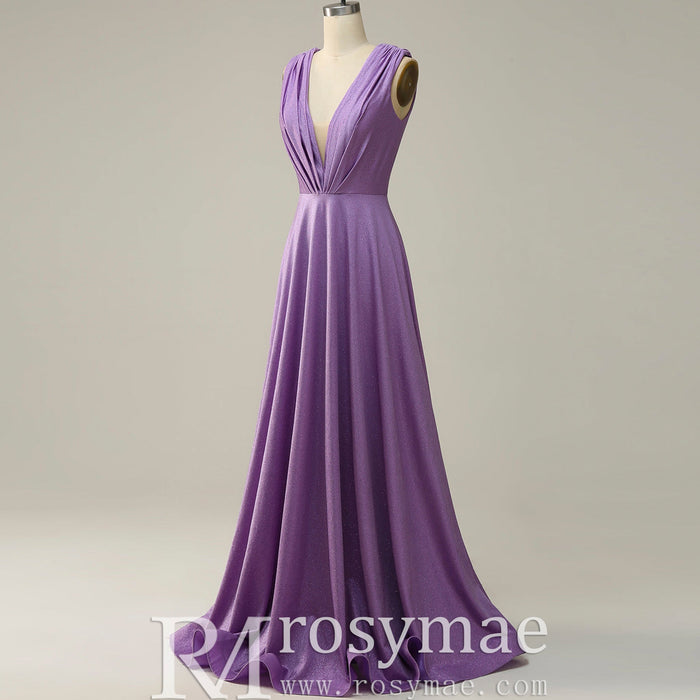 Elegant Purple V-Neck Bridesmaid Dresses with V Back for Wedding - Rosymae