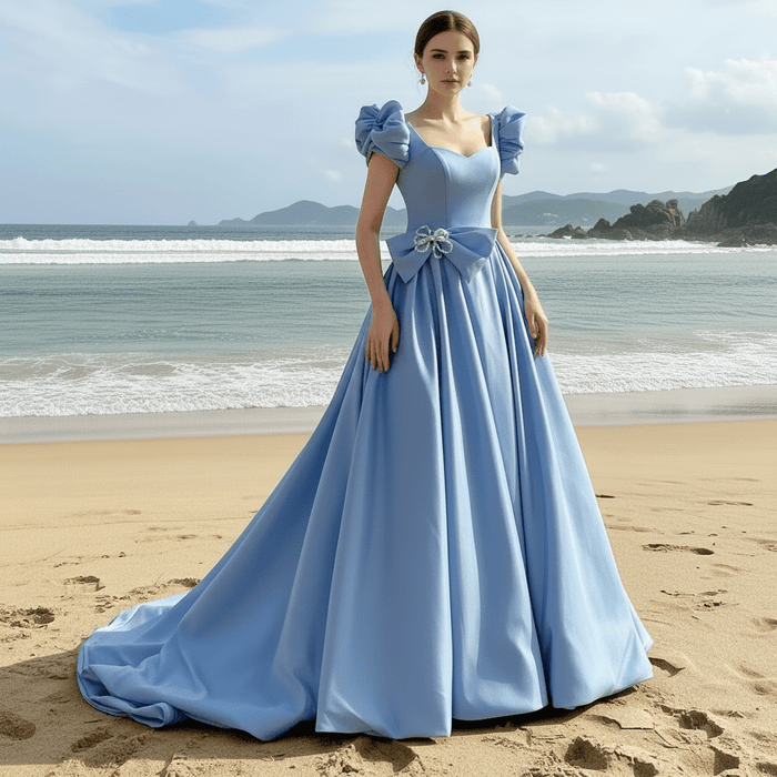 Elegant Queen Anne Satin Sky Blue Prom Dress with Short Sleeves - Rosymae