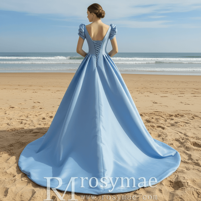 Elegant Queen Anne Satin Sky Blue Prom Dress with Short Sleeves - Rosymae