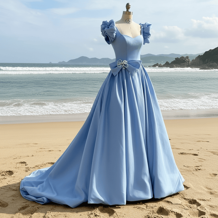 Elegant Queen Anne Satin Sky Blue Prom Dress with Short Sleeves - Rosymae