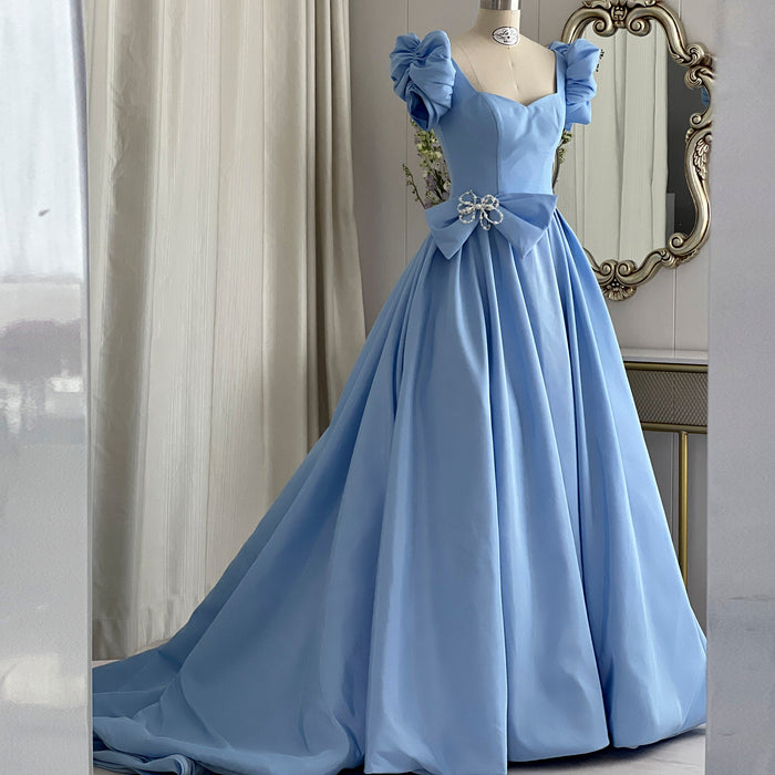 Elegant Queen Anne Satin Sky Blue Prom Dress with Short Sleeves - Rosymae