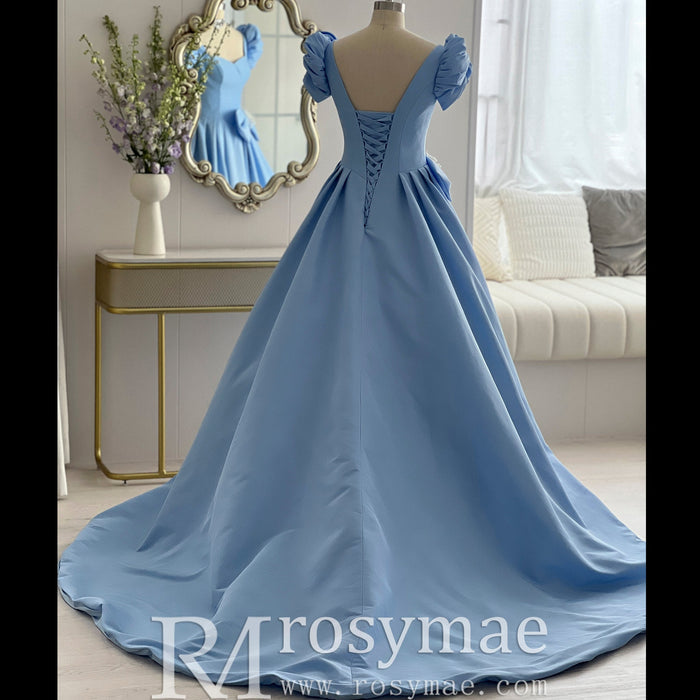 Elegant Queen Anne Satin Sky Blue Prom Dress with Short Sleeves - Rosymae