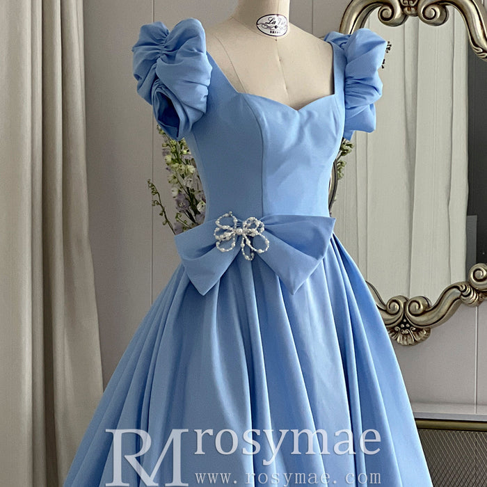 Elegant Queen Anne Satin Sky Blue Prom Dress with Short Sleeves - Rosymae