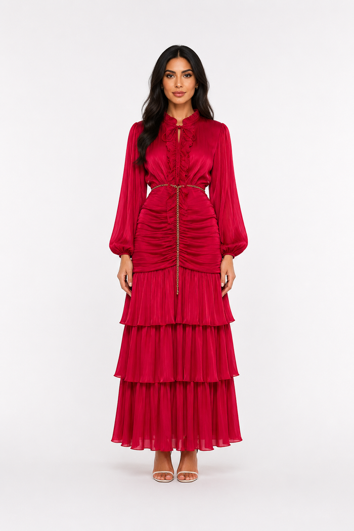 Elegant Ruched Chiffon Midi Dress - Romantic