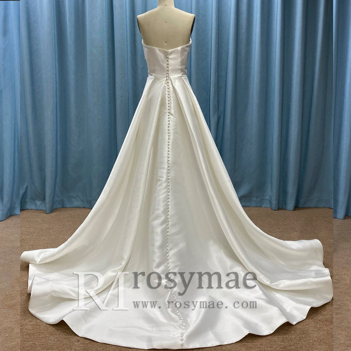 Elegant Satin Ruched Strapless Wedding Dress with Vneck for Bride - Rosymae