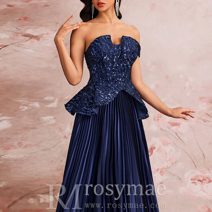 Elegant Sequin Patchwork Strapless Off-Shoulder Women Evening Dress - Rosymae