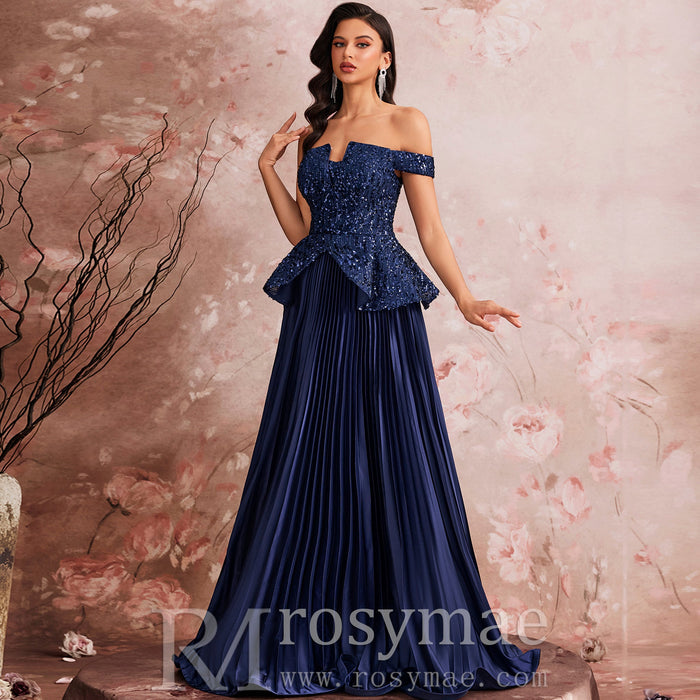 Elegant Sequin Patchwork Strapless Off-Shoulder Women Evening Dress - Rosymae