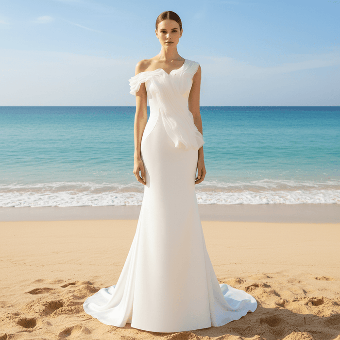 Elegant Sleek Simple Mermaid Wedding Dress with Ruffle Sleeve - Rosymae