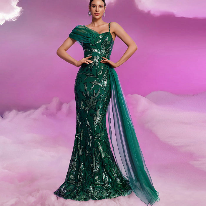 Elegant Sparkly Hunter Green Mermaid Evening Dresses Party Gowns - Rosymae