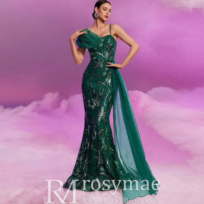 Elegant Sparkly Hunter Green Mermaid Evening Dresses Party Gowns - Rosymae