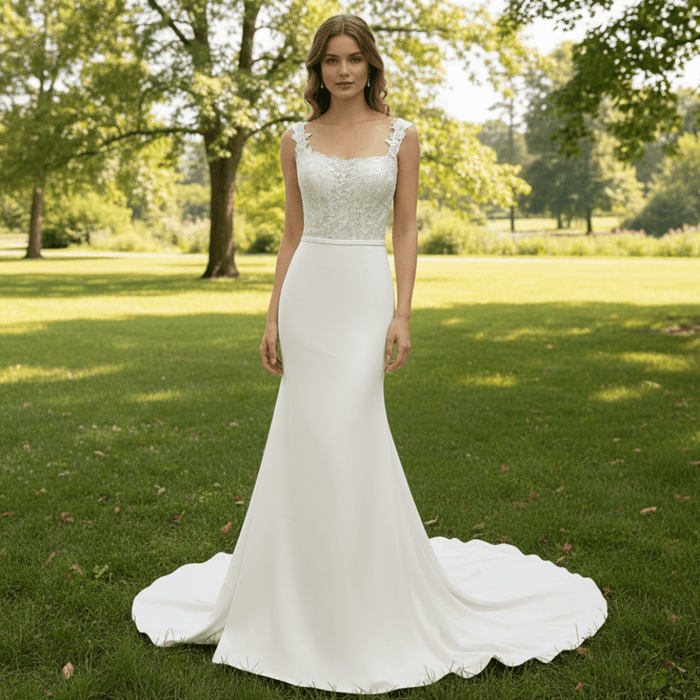 Elegant Square Neck Simple Mermaid Wedding Dress with Sheer Bodice - Rosymae