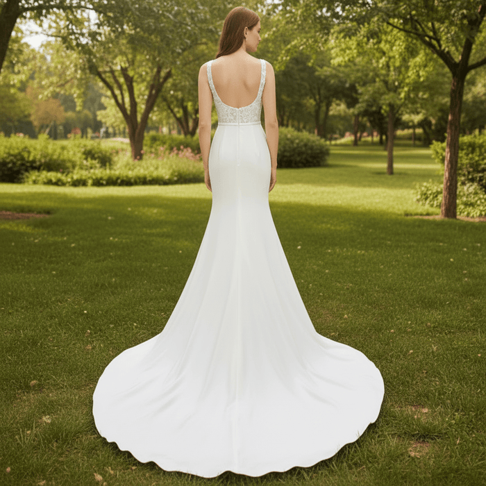 Elegant Square Neck Simple Mermaid Wedding Dress with Sheer Bodice - Rosymae