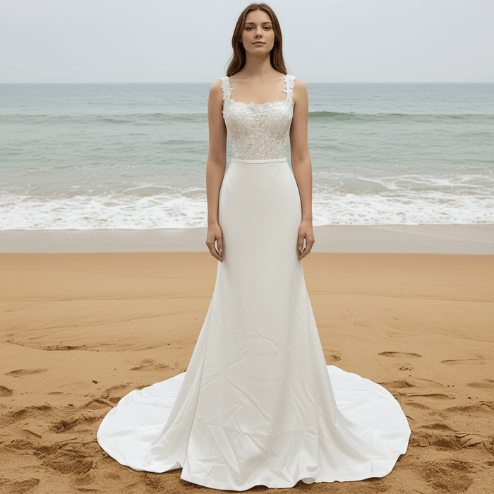 Elegant Square Neck Simple Mermaid Wedding Dress with Sheer Bodice - Rosymae