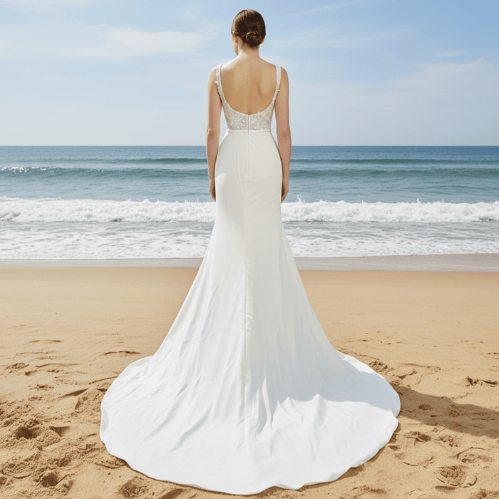 Elegant Square Neck Simple Mermaid Wedding Dress with Sheer Bodice - Rosymae