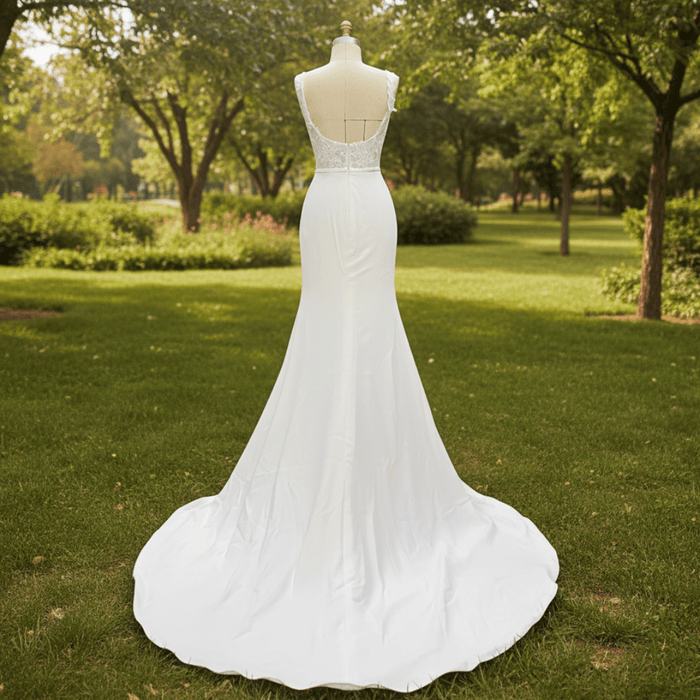 Elegant Square Neck Simple Mermaid Wedding Dress with Sheer Bodice - Rosymae