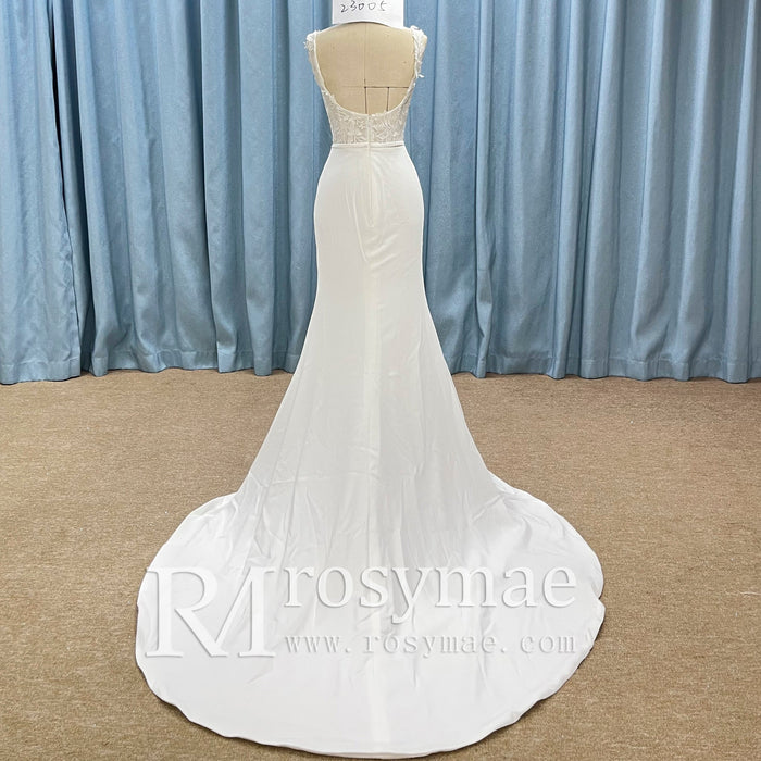 Elegant Square Neck Simple Mermaid Wedding Dress with Sheer Bodice - Rosymae
