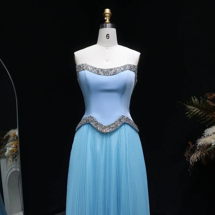 Elegant Strapless Chiffon Pleated Evening Dress with Crystal Trim Corset SS789-DreamyVow
