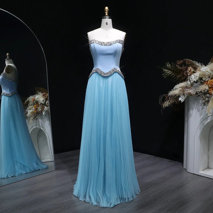 Elegant Strapless Chiffon Pleated Evening Dress with Crystal Trim Corset SS789-DreamyVow