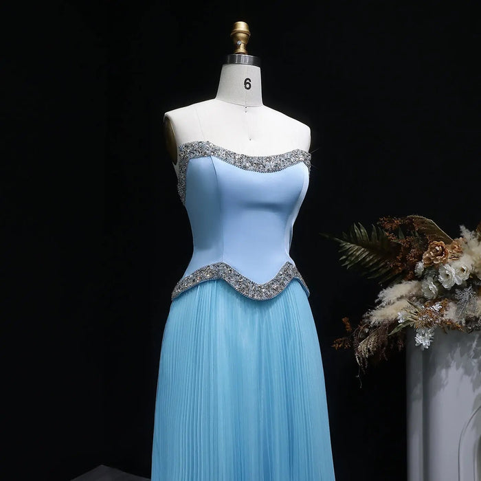 Elegant Strapless Chiffon Pleated Evening Dress with Crystal Trim Corset SS789-DreamyVow