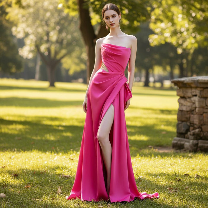 Elegant Strapless Evening Dress Party Gown with Leg Slit - Rosymae