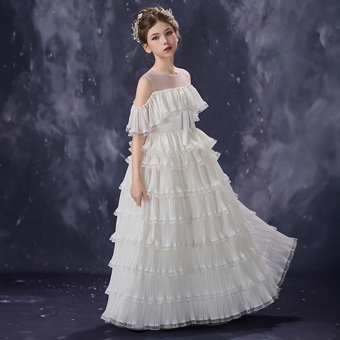 Elegant White Flower Girl Dress Pleated Ruffle Tulle Ball Gown for Birthdays First Communion D352