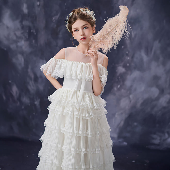 Elegant White Flower Girl Dress Pleated Ruffle Tulle Ball Gown for Birthdays First Communion D352