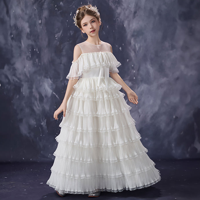 Elegant White Flower Girl Dress Pleated Ruffle Tulle Ball Gown for Birthdays First Communion D352