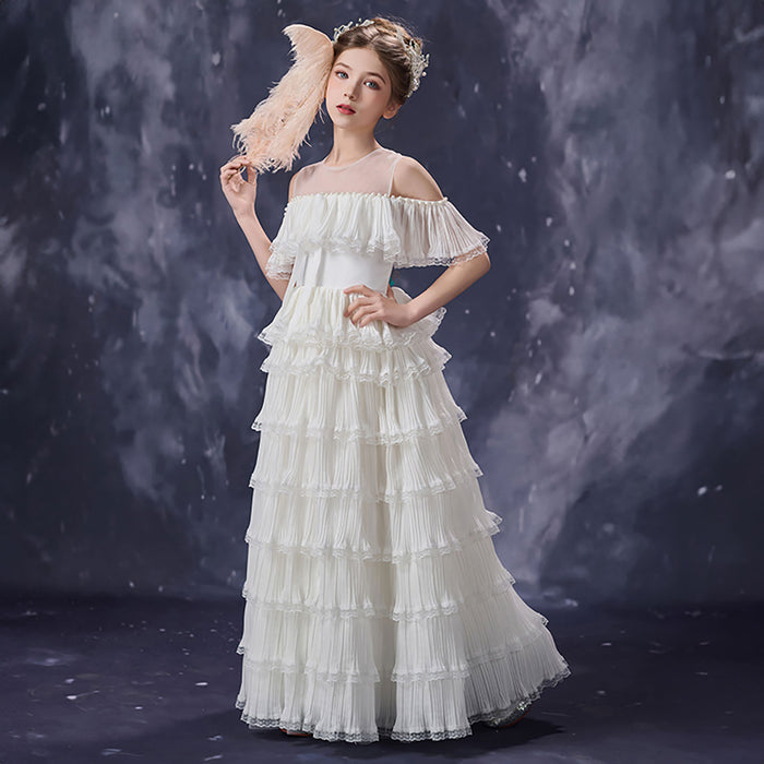 Elegant White Flower Girl Dress Pleated Ruffle Tulle Ball Gown for Birthdays First Communion D352